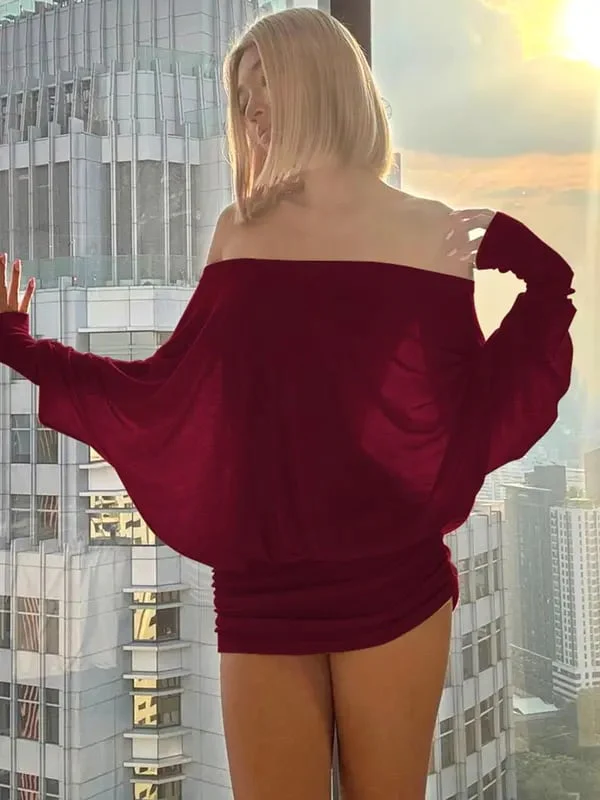 Women's Solid Off The Shoulder Sheer Ruched Dress - Image 11