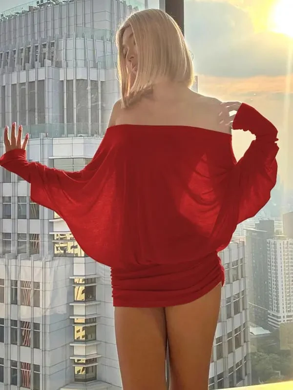 Women's Solid Off The Shoulder Sheer Ruched Dress - Image 13