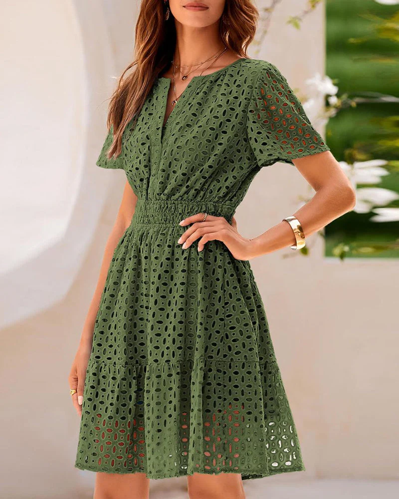 Women V Neck Lace A Line Summer Dress - Image 2