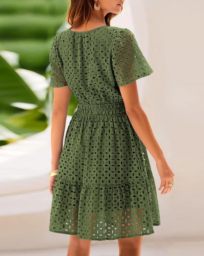 Women V Neck Lace A Line Summer Dress - Image 3