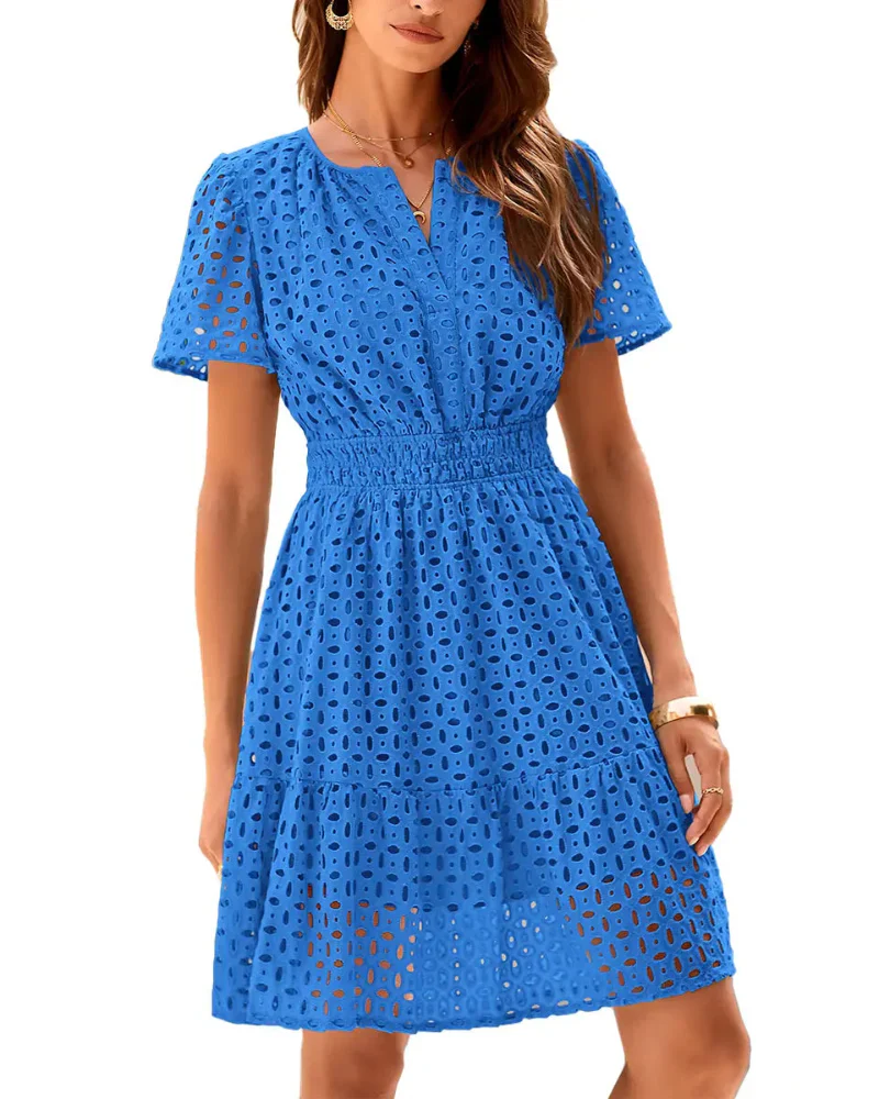Women V Neck Lace A Line Summer Dress - Image 5