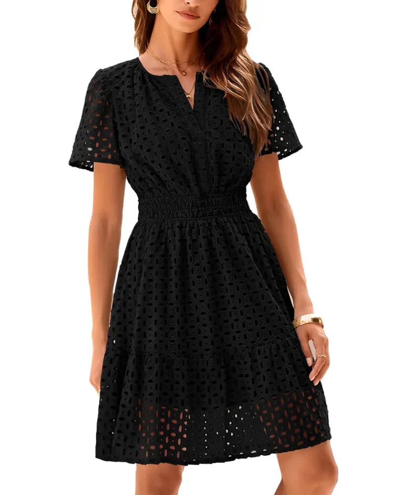 Women V Neck Lace A Line Summer Dress - Image 9