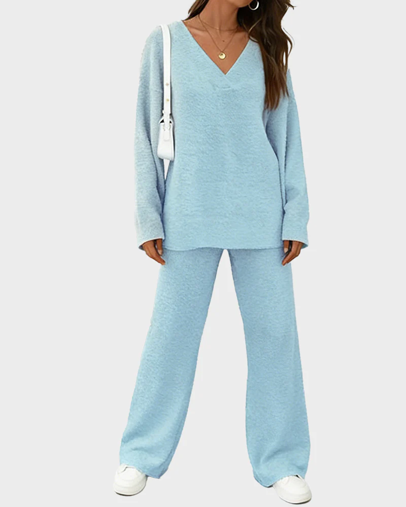 Soft Fuzzy V-Neck Loungewear Set - Image 10