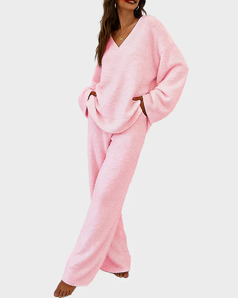 Soft Fuzzy V-Neck Loungewear Set - Image 16