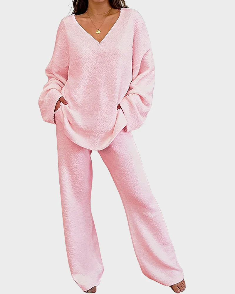 Soft Fuzzy V-Neck Loungewear Set - Image 17