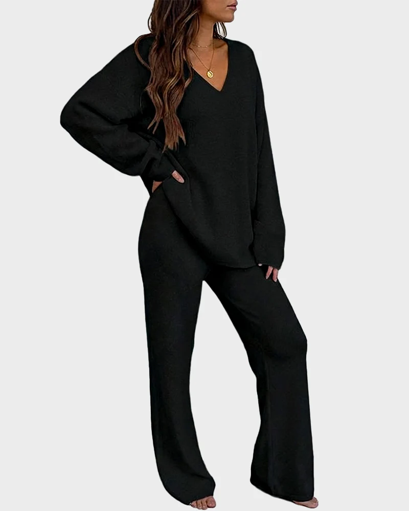 Soft Fuzzy V-Neck Loungewear Set - Image 6
