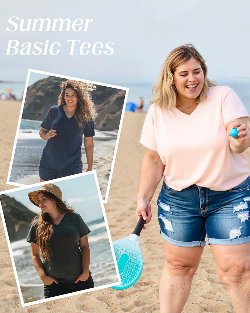 Women's Plus Size Basic Sleeve V-Neck T-Shirts - Image 8