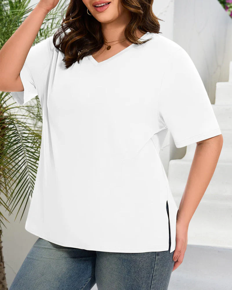 Women's Plus Size Basic Sleeve V-Neck T-Shirts - Image 9