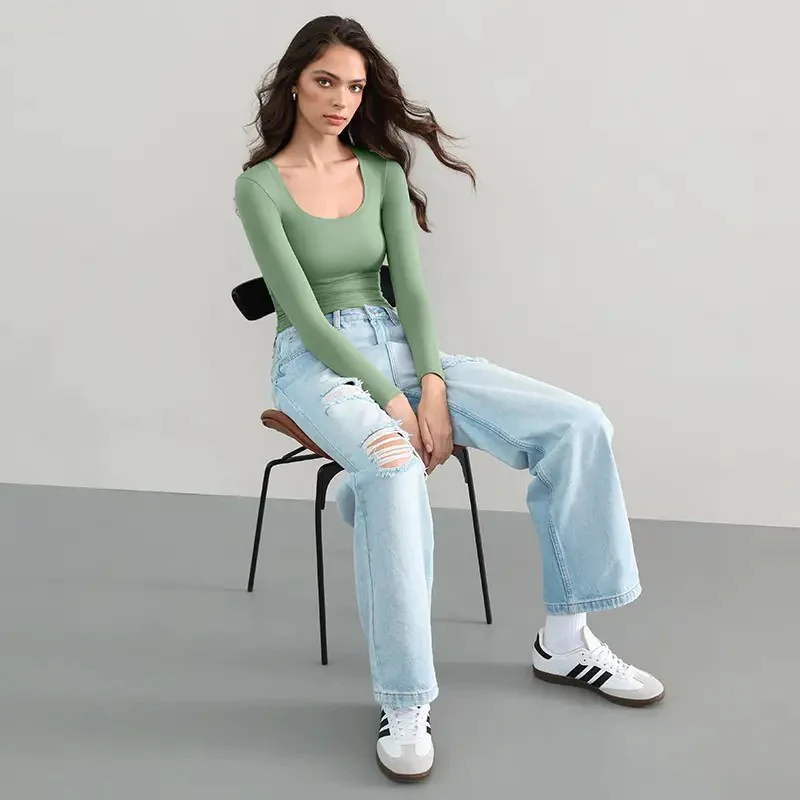 Women's Basic Double Layering Tight Slim Fit T Shirts - Image 5
