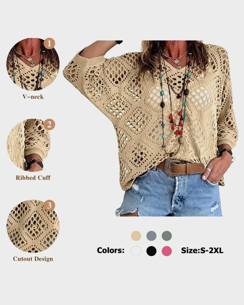 Womens Bohemian-Inspired Beige Crochet Top with V-Neck - Image 3