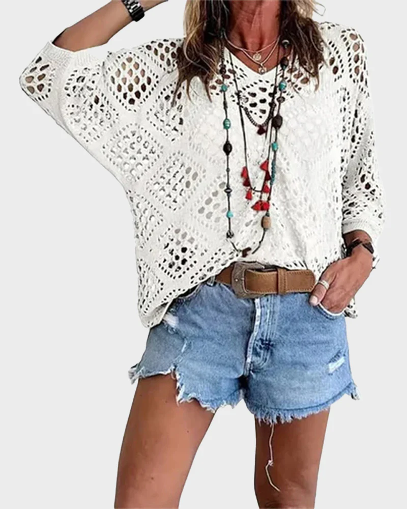 Womens Bohemian-Inspired Beige Crochet Top with V-Neck - Image 5