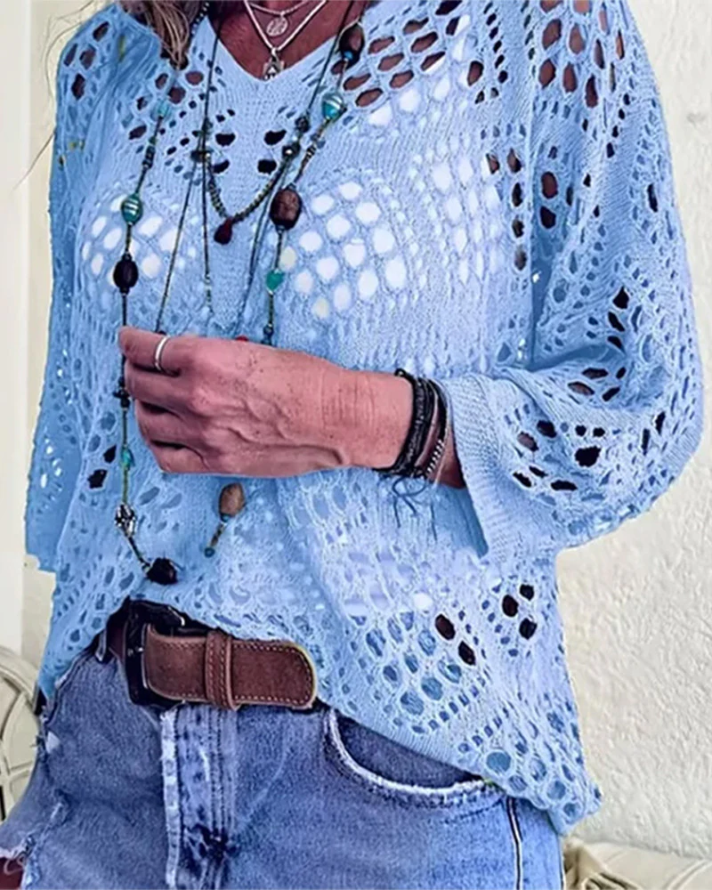Womens Bohemian-Inspired Beige Crochet Top with V-Neck - Image 7