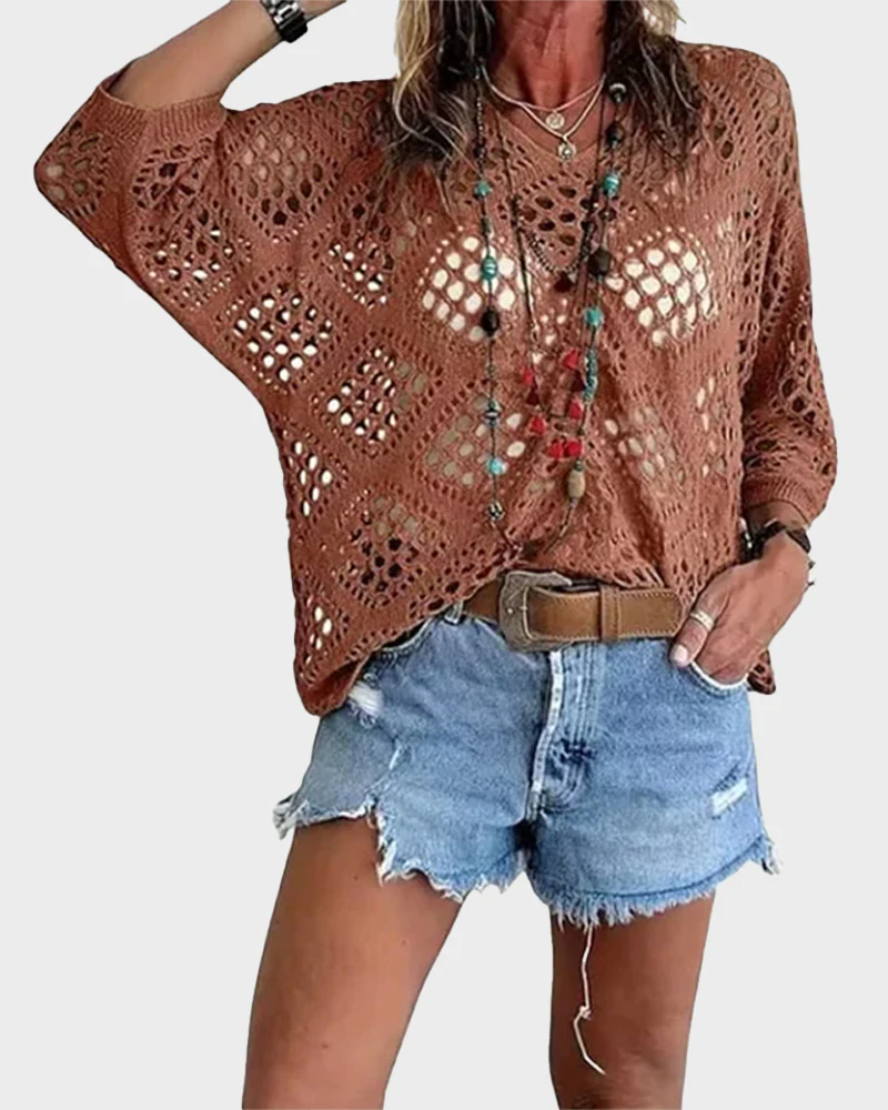 Womens Bohemian-Inspired Beige Crochet Top with V-Neck - Image 9