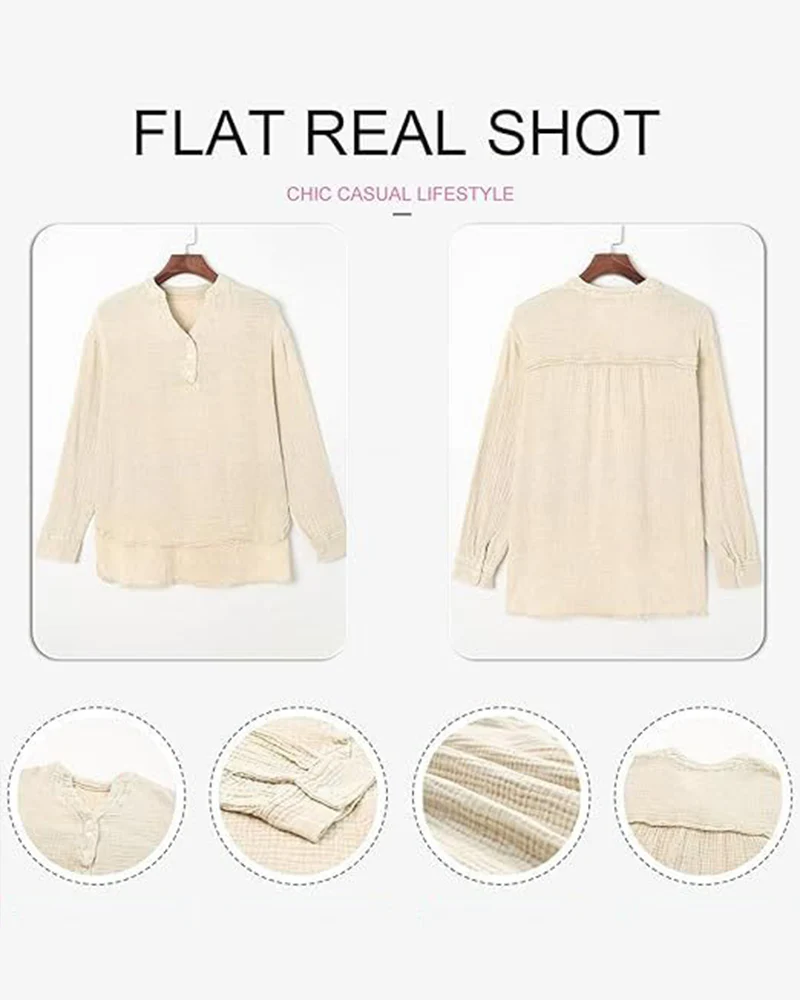 Womens Casual Button V Neck Long Sleeve Shirts Solid Blouses Tops - Image 12