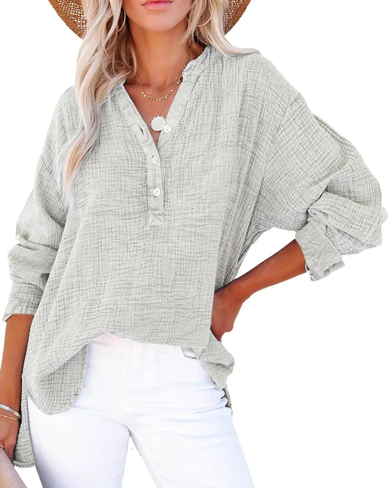 Womens Casual Button V Neck Long Sleeve Shirts Solid Blouses Tops - Image 13