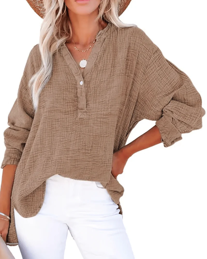Womens Casual Button V Neck Long Sleeve Shirts Solid Blouses Tops - Image 15