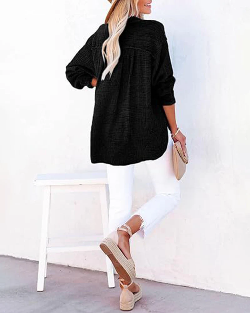 Womens Casual Button V Neck Long Sleeve Shirts Solid Blouses Tops - Image 6