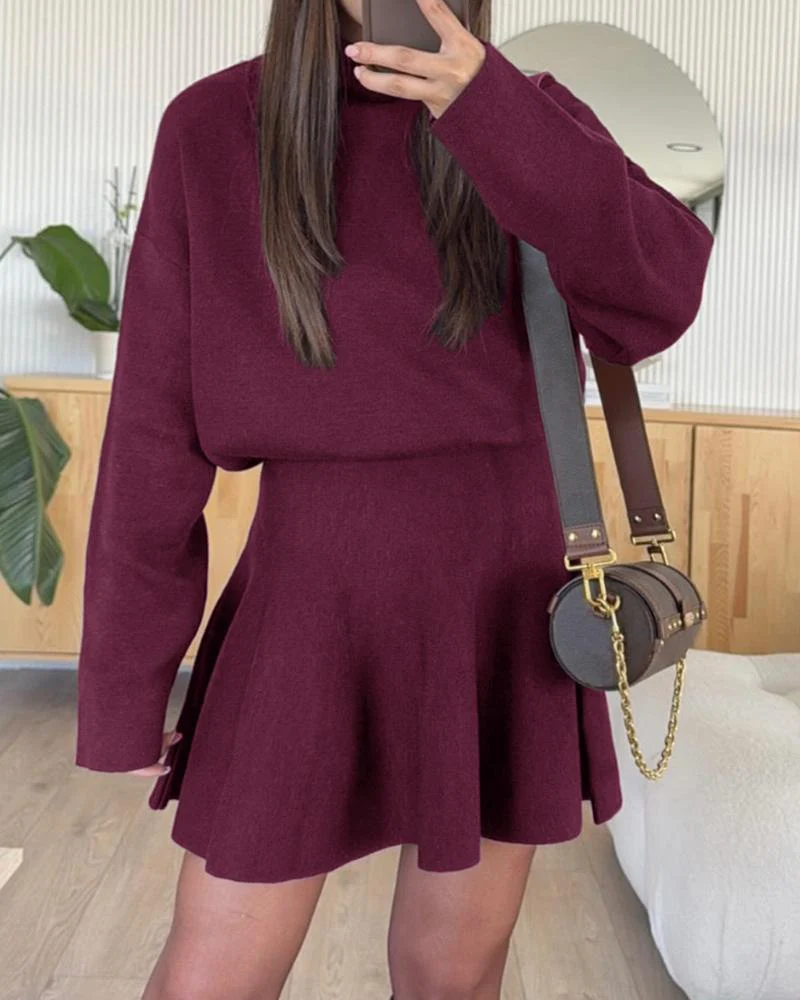 Women's semi-collared long-sleeved knitted loose-fitting one-piece sweater dress - Image 3