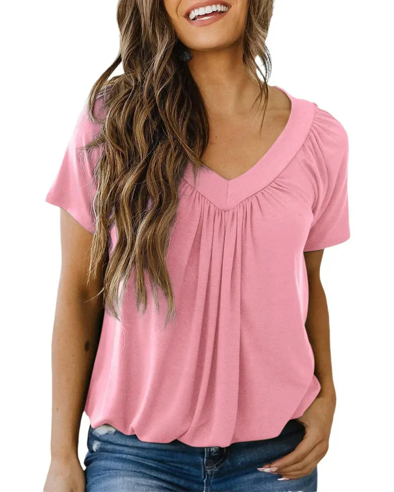 Women's Casual Summer V Neck Short Sleeve T Shirt Loose Fit Comfort Shirred Top - Image 11
