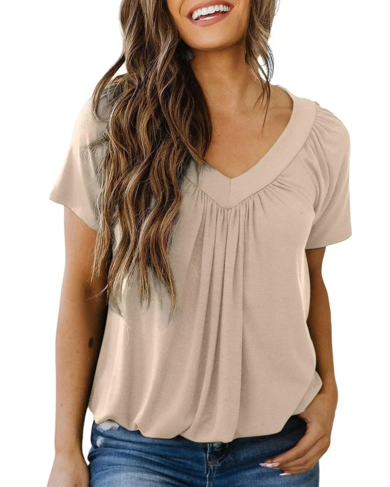 Women's Casual Summer V Neck Short Sleeve T Shirt Loose Fit Comfort Shirred Top - Image 12