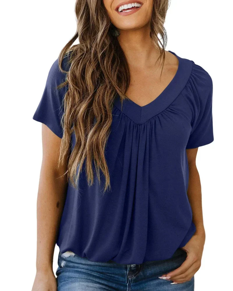 Women's Casual Summer V Neck Short Sleeve T Shirt Loose Fit Comfort Shirred Top - Image 13