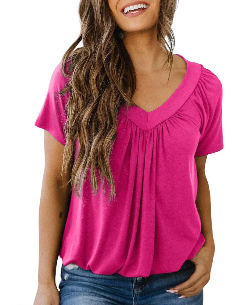 Women's Casual Summer V Neck Short Sleeve T Shirt Loose Fit Comfort Shirred Top - Image 14