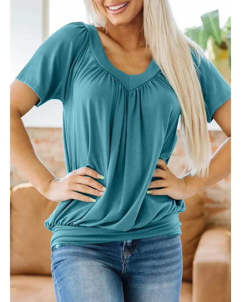 Women's Casual Summer V Neck Short Sleeve T Shirt Loose Fit Comfort Shirred Top - Image 8