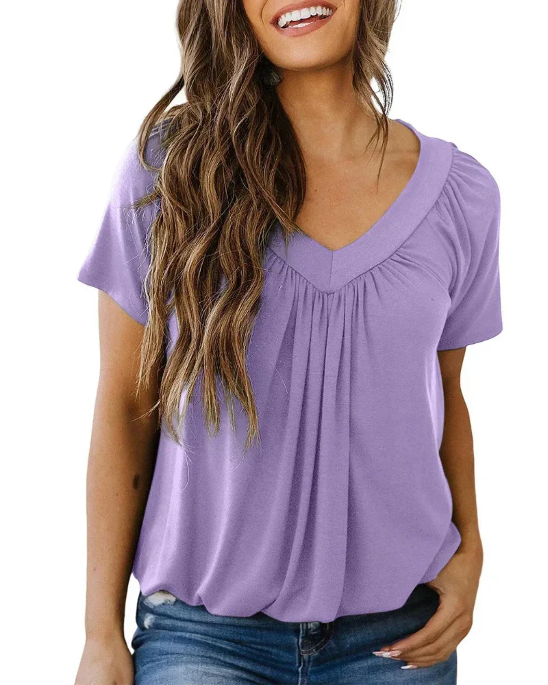 Women's Casual Summer V Neck Short Sleeve T Shirt Loose Fit Comfort Shirred Top - Image 9