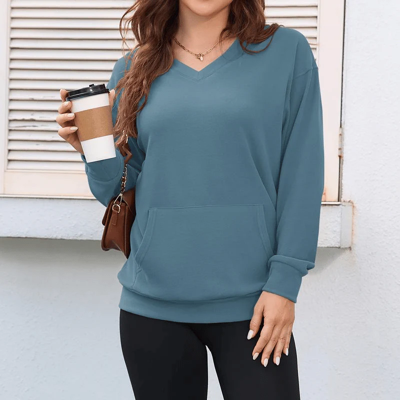 Women's Hatless V-Neck Hoodie with Pockets - Image 12
