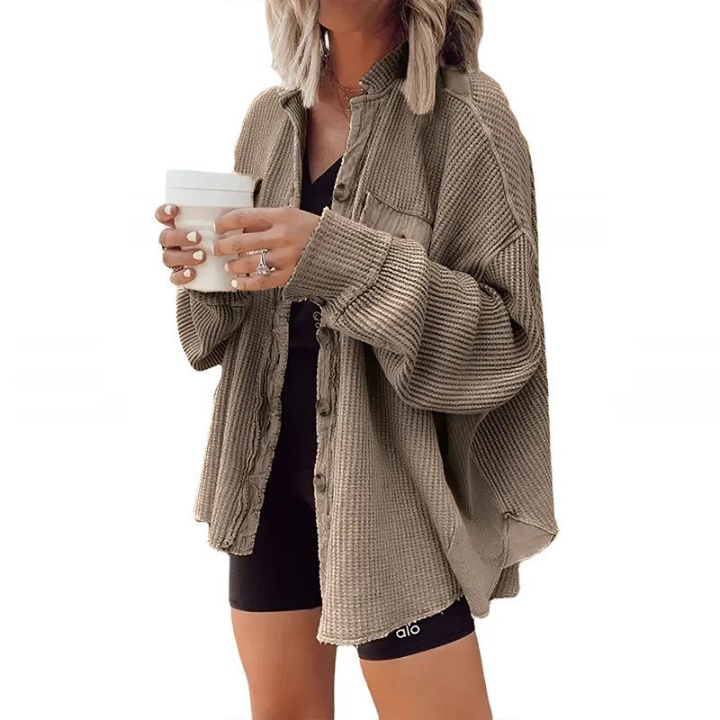 Women's Loose Fit Batwing Sleeve Waffle Knit Button Down Shirt Shacket Tops - Image 4
