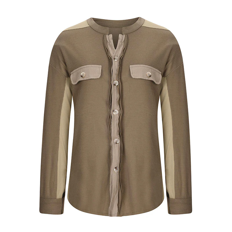 Women's Loose Fit Batwing Sleeve Waffle Knit Button Down Shirt Shacket Tops - Image 5