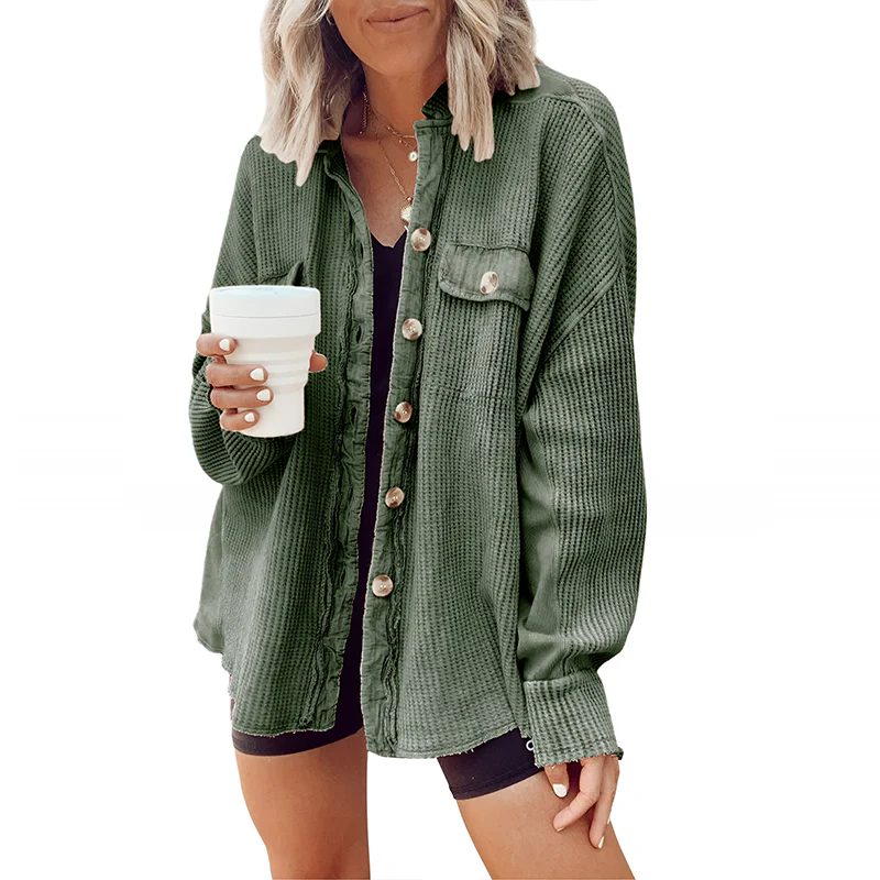 Women's Loose Fit Batwing Sleeve Waffle Knit Button Down Shirt Shacket Tops - Image 7