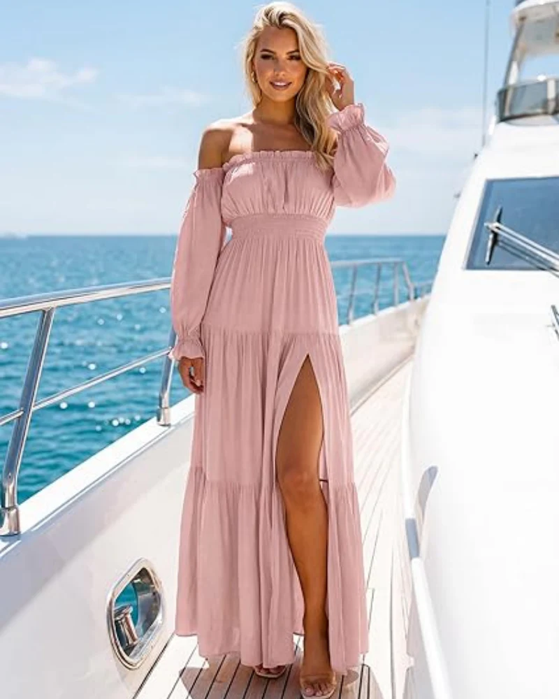 Women's Off Shoulder Maxi Dress Smocked High Waist with Side Slit - Image 11