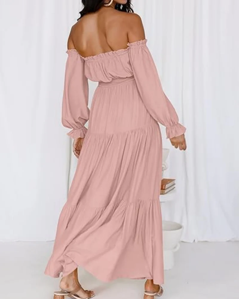 Women's Off Shoulder Maxi Dress Smocked High Waist with Side Slit - Image 12