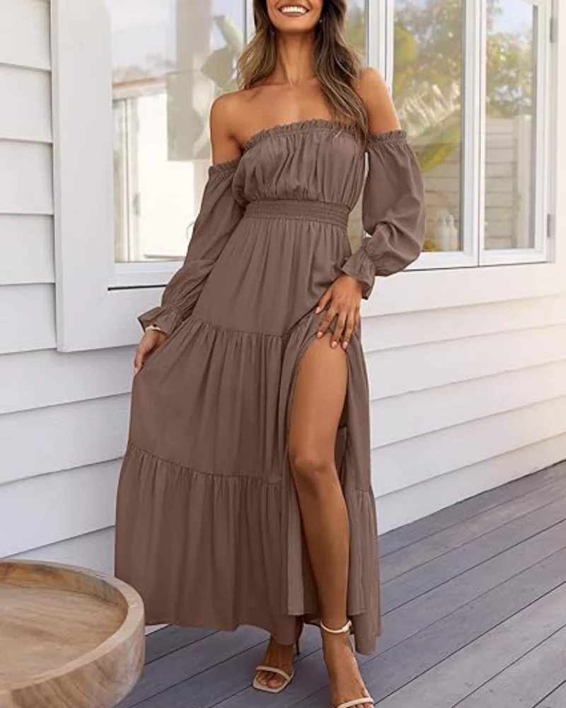Women's Off Shoulder Maxi Dress Smocked High Waist with Side Slit - Image 14