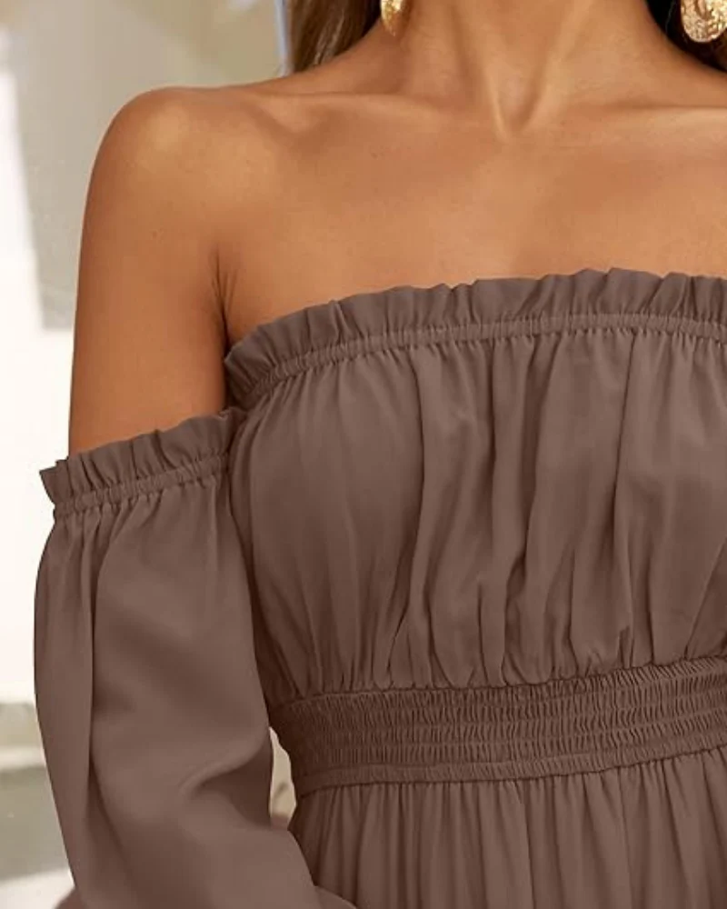 Women's Off Shoulder Maxi Dress Smocked High Waist with Side Slit - Image 16
