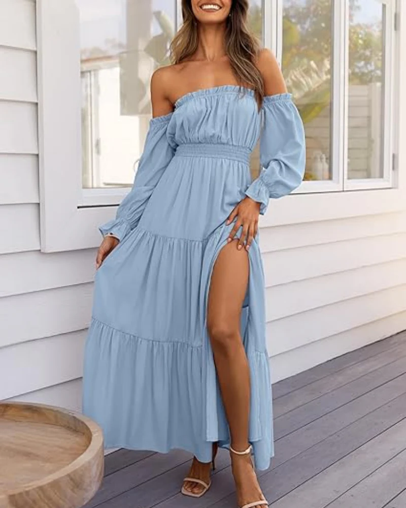 Women's Off Shoulder Maxi Dress Smocked High Waist with Side Slit - Image 17