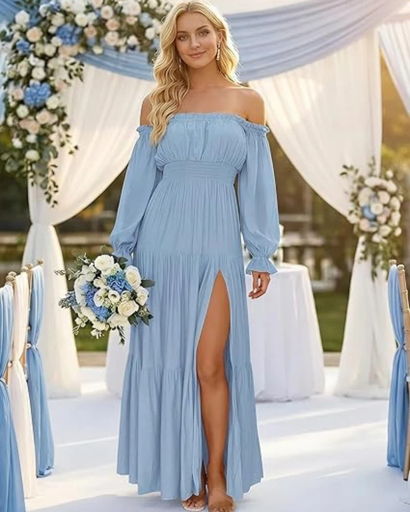 Women's Off Shoulder Maxi Dress Smocked High Waist with Side Slit - Image 18