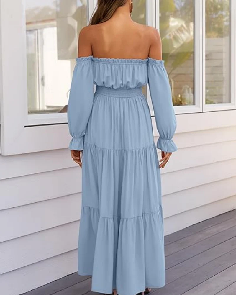 Women's Off Shoulder Maxi Dress Smocked High Waist with Side Slit - Image 19