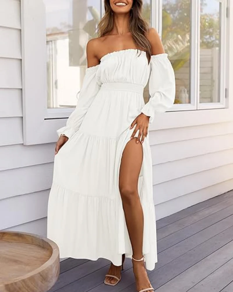 Women's Off Shoulder Maxi Dress Smocked High Waist with Side Slit - Image 20