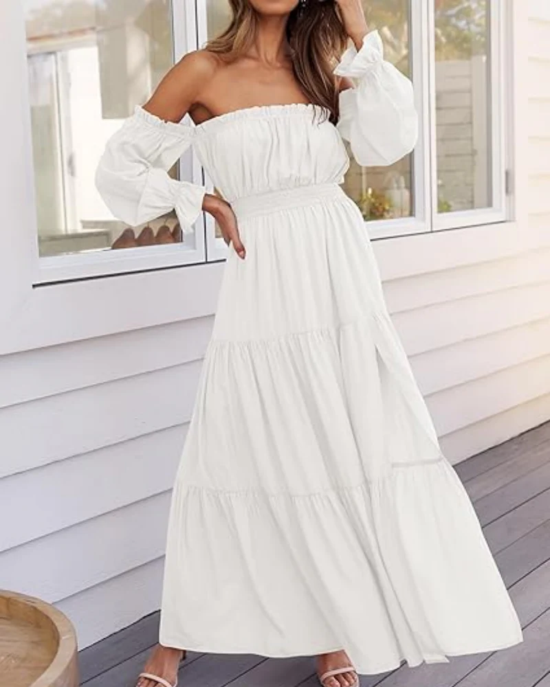 Women's Off Shoulder Maxi Dress Smocked High Waist with Side Slit - Image 21