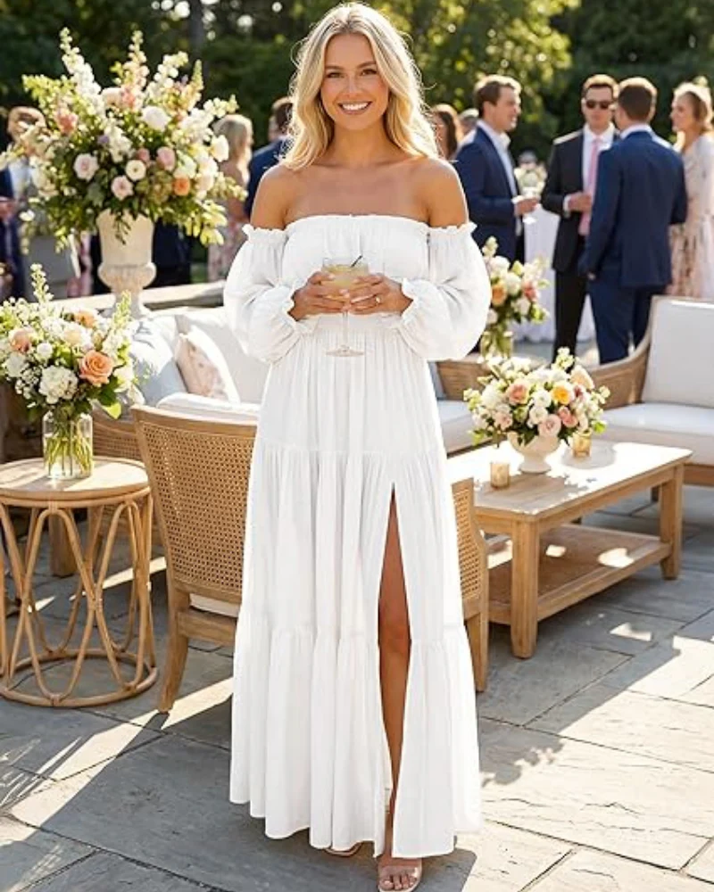 Women's Off Shoulder Maxi Dress Smocked High Waist with Side Slit - Image 22