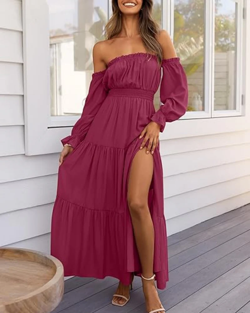 Women's Off Shoulder Maxi Dress Smocked High Waist with Side Slit - Image 23