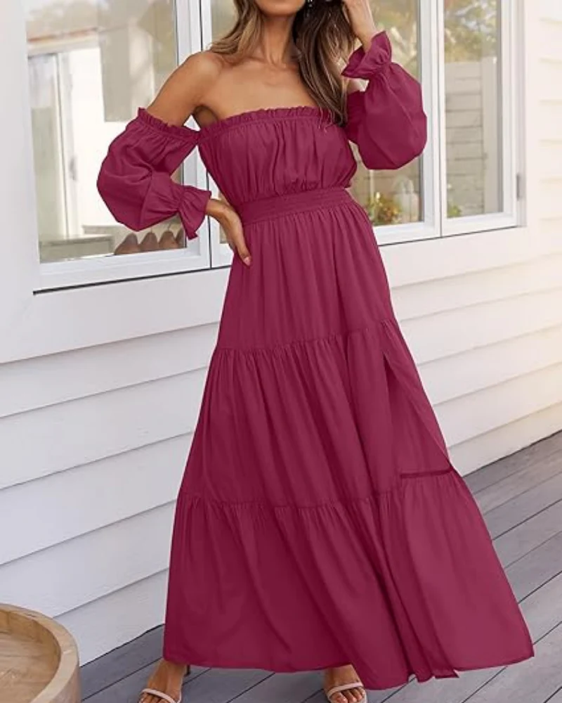 Women's Off Shoulder Maxi Dress Smocked High Waist with Side Slit - Image 24