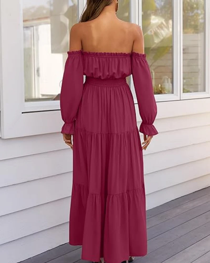 Women's Off Shoulder Maxi Dress Smocked High Waist with Side Slit - Image 25