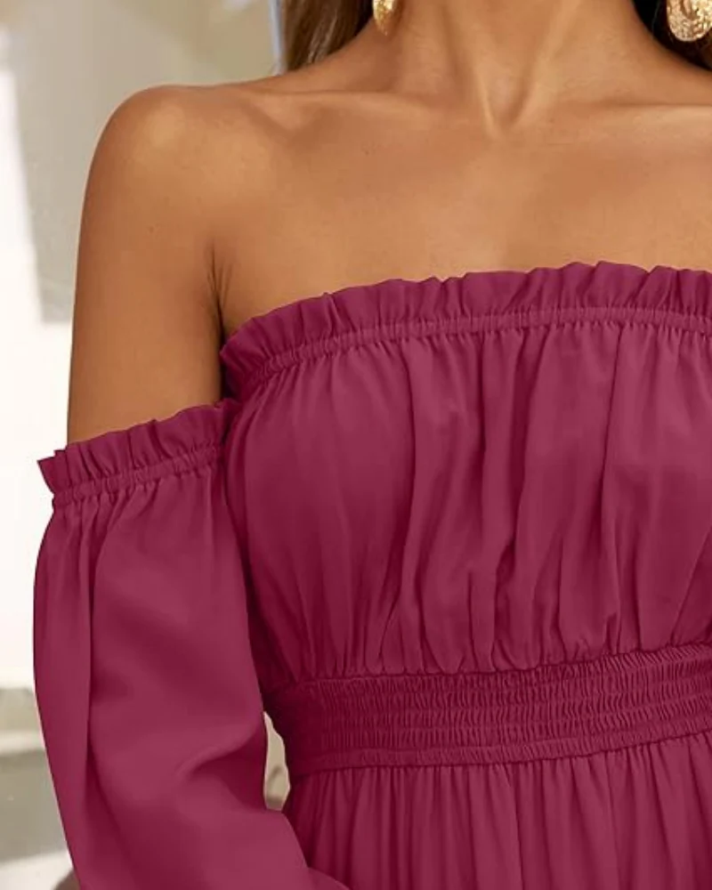 Women's Off Shoulder Maxi Dress Smocked High Waist with Side Slit - Image 26