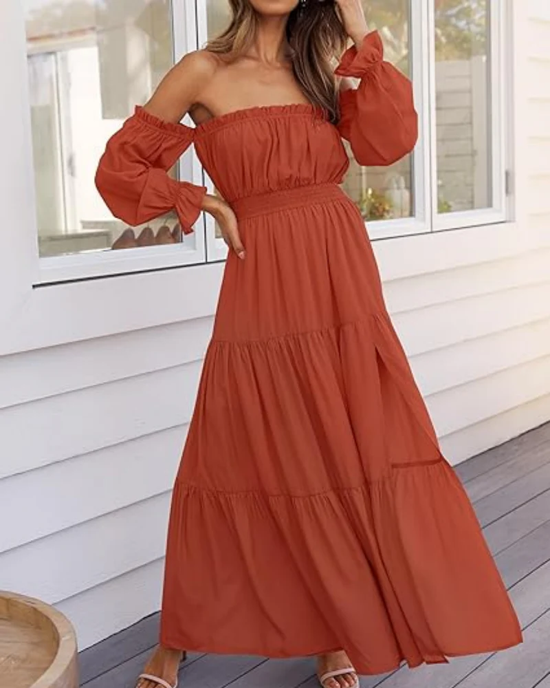 Women's Off Shoulder Maxi Dress Smocked High Waist with Side Slit - Image 6