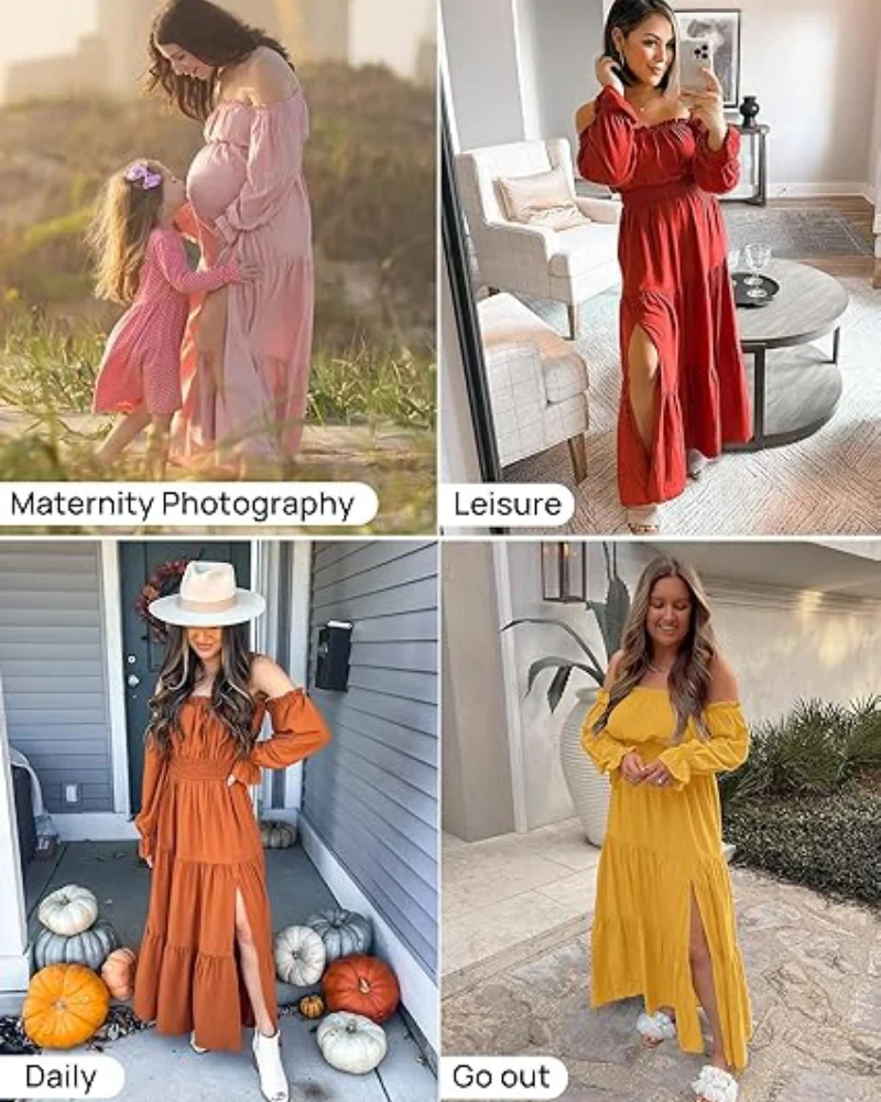 Women's Off Shoulder Maxi Dress Smocked High Waist with Side Slit - Image 8