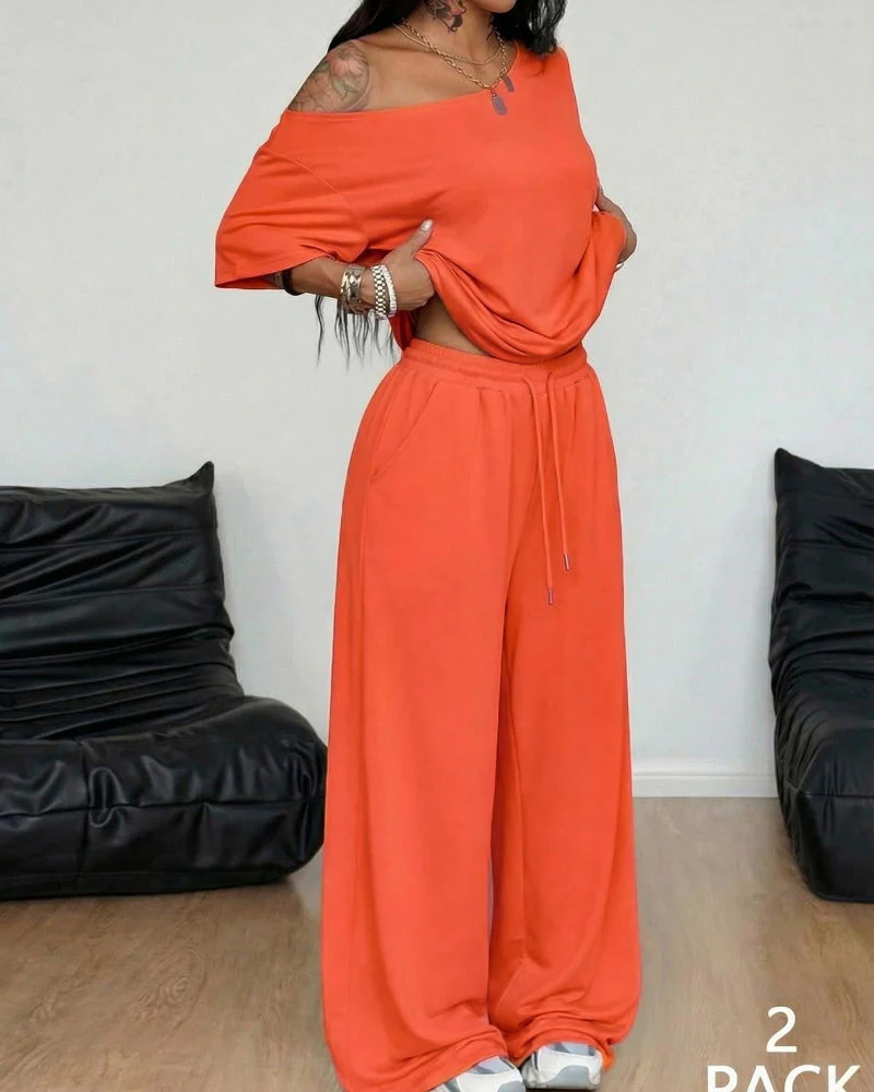Women's Off-Shoulder Tee Wide-Leg Pants 2P Set - Image 13