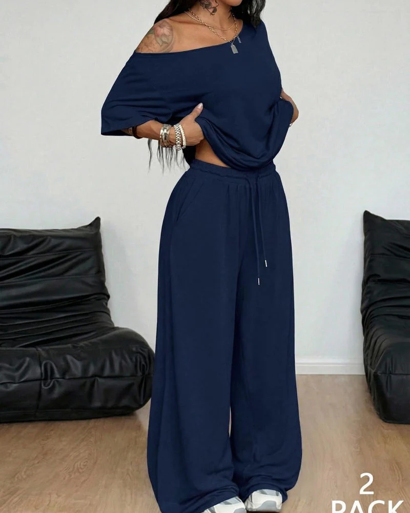 Women's Off-Shoulder Tee Wide-Leg Pants 2P Set - Image 15